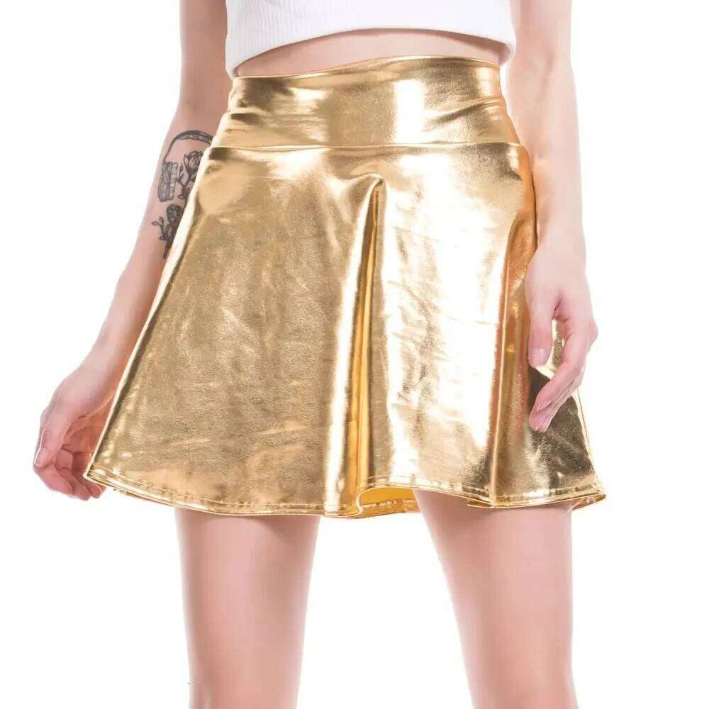 Elegant Metallic Retro Flared Design A-line Short Gold Silver Solid Color Pleated Skater Skirt Z260314