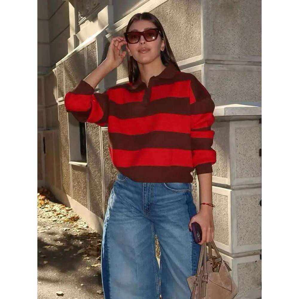 HH Women Trend Casual Striped Knitted Pullover Lapel Long Sleeve Sweater Shirt Spring Fashion High Street Lady Chic Tops Z260313