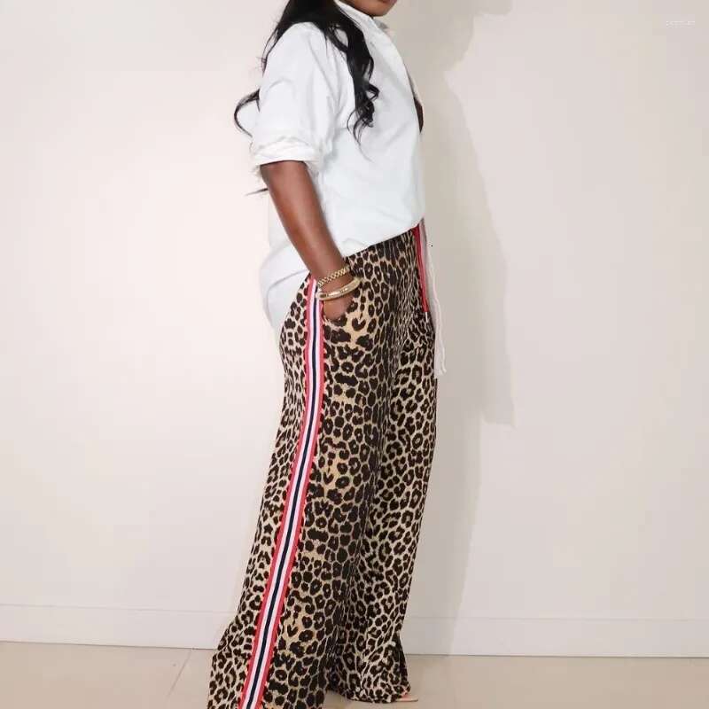 Women's Pants FAGADOER Casual Leopard Print Straight Women Drawstring Stripe Patchwork Wide Leg Pant Trousers Female Streetwear Bottoms Z260314