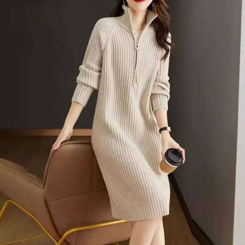 2024 Autumn/Winter New Large Knitted Medium length Half Zipper Solid color Loose Casual Long Sleeve Dress Women's Trendy Z260314