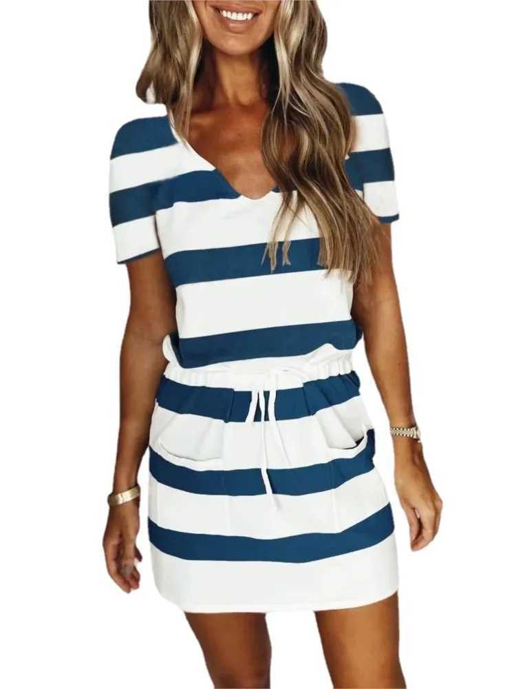 Summer New Stripe Print Mini Dresses Women Comfortable Casual V-neck Drawstring Elastic Waist Dress Lady Commuting Style VestidoT260314