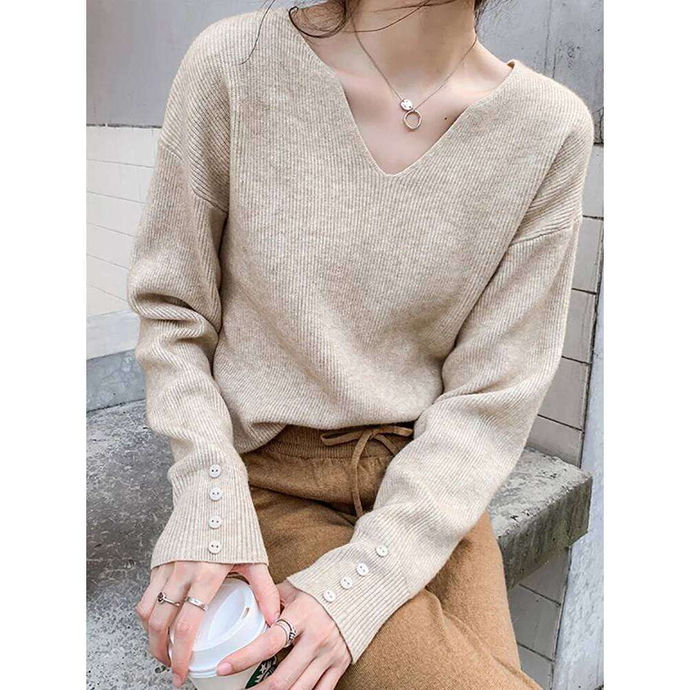 2025 Autumn Winter V Neck Pullovers Loose Button Pullover Women Soft Sweater Jumper Fashion Tops Z260314