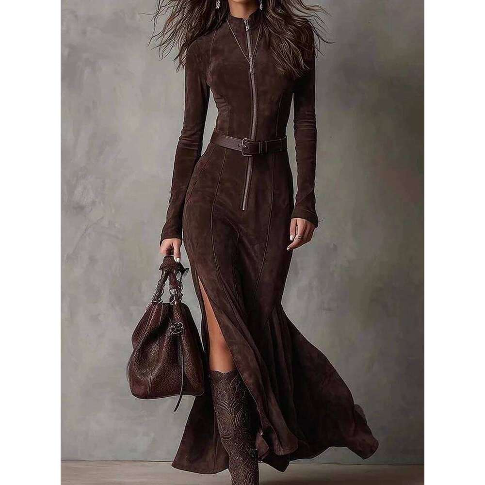 New Elegant Zipper Patchwork Maxi Women Autumn Long Sleeve Fashion Chic Party 2025 Sexy Slim Fit Ladies Lapel Dress Z260313