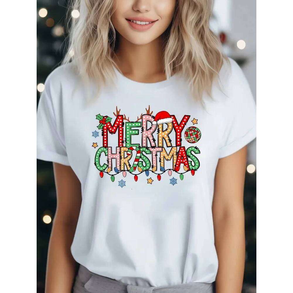 Women's Print T-Shirt Round Neck Short Sleeve Casual Top Featuring Merry Christmas Festive Holiday Wear Z260314