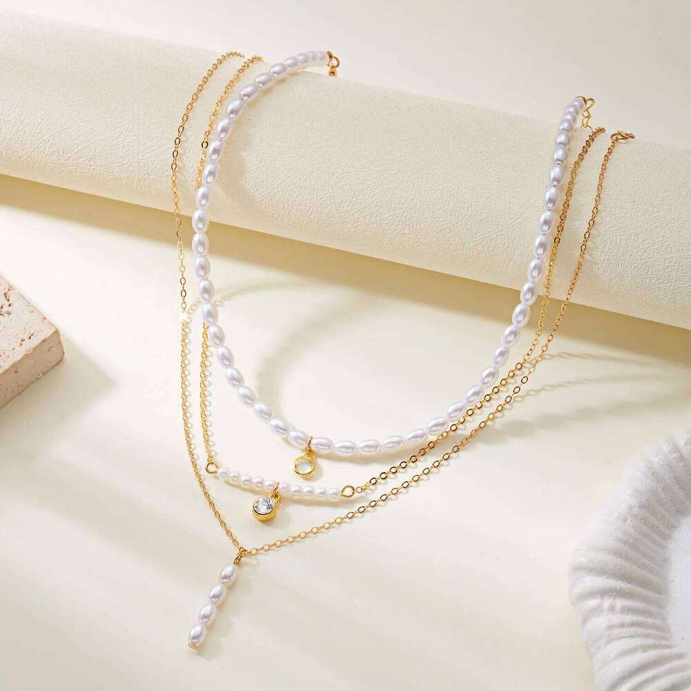Modern Baroque Imitation Pearl for Women Glittering Heart Gold Color Chain Layered Necklace Party Jewelry Accessories H260312