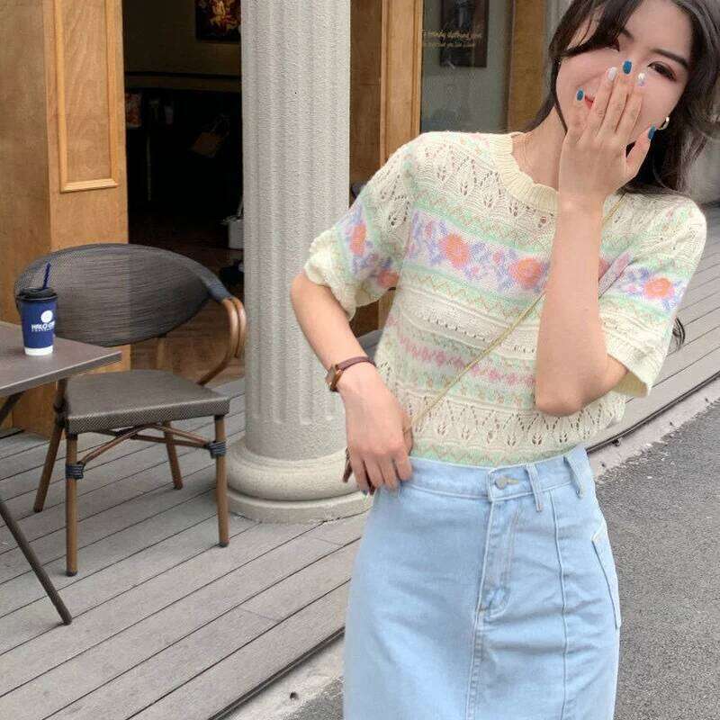 Women Short Sleeve Pullovers Knitting Hollow Out Printed Sweet Girls Soft Slender Korean Style Hipster Teenagers Lovely Popular Z260313