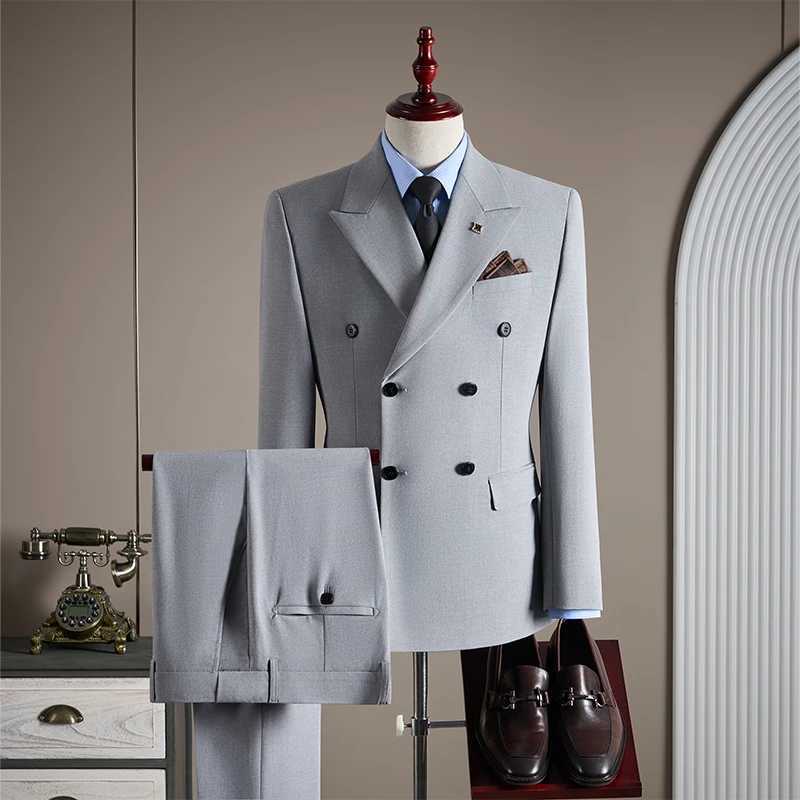 High-quality groom wedding suit fashionable and stylish dress mens business double-breasted suit set mens three-piece set M260313
