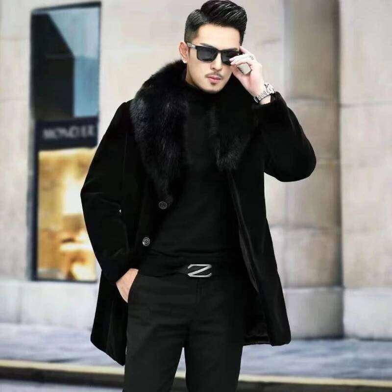 Men Winter Warm Luxury Brand Faux Fur Jacket Black High-end Thick Trench Coat Buttons Long Sleeve Outerwear Jackets New Z260313