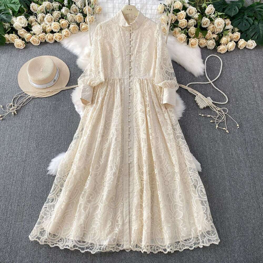 Women's French retro lace embroidered stand up collar lantern sleeve new single breasted waist cinching slim fit dress