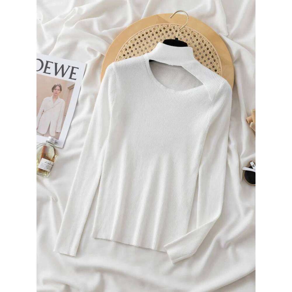 Skew Hollow-out Pullovers for Women Long Sleeve Half High Collar Knitted Sweater Female Korean Solid Jumper Pull Femme Sweaters Z260313