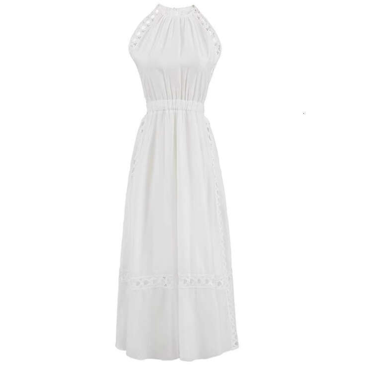 2026 Vacation French Elegant Hollow Heart White Lace Waist Sleeveless Backless Collar Casual Sweet Dress