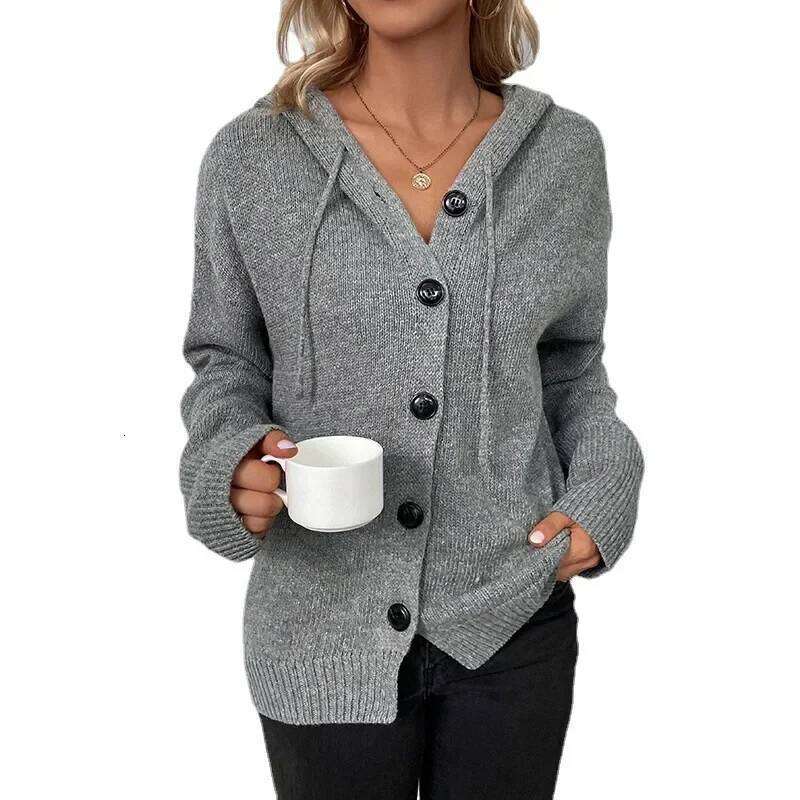 Women Knit Hooded Sweater Coat Single Breasted Thick Cardigan Solid Casual Splice Jumpers Full Sleeve Regular Winter 2024 Z260314
