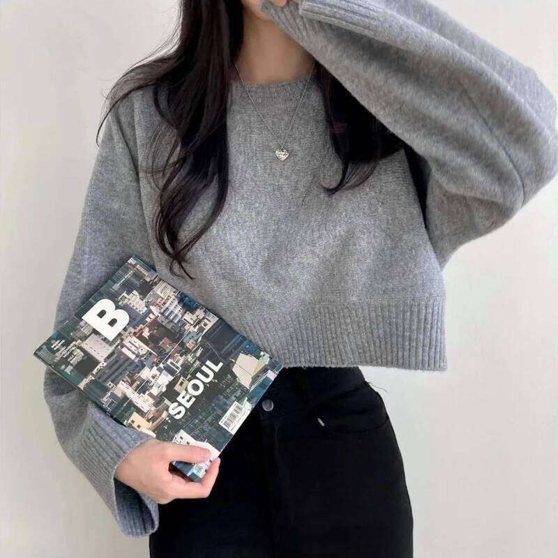 2025 Autumn Winter Korean Chic Sweater New Lazy Style Solid Color Loose Long-sleeved O-Neck Knitted Pullovers Z260313