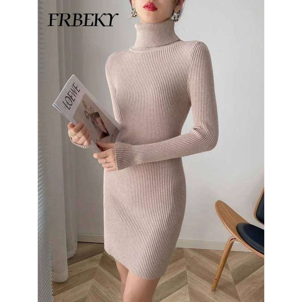 Autumn New Korean Turtleneck Knitted Pure Color Bodycon Sweater Dress Office Lady Pullover Casual Elegant Knitwear Jumper Z260314