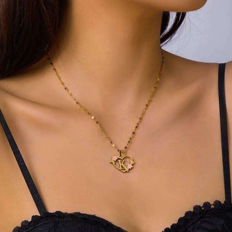Stainless Steel Heart A-Z Letter Lady r Necklace Flower Pendant Initials Fashion Jewelry Valentine's Day Gift H260312