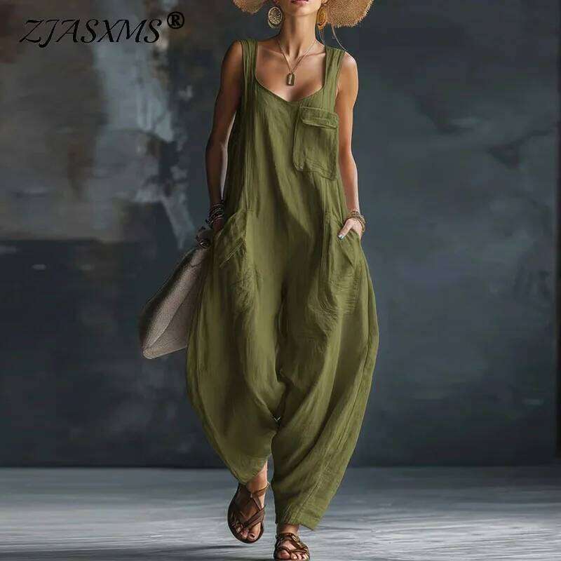 Spring Retro Solid Baggy Trousers Woman Jumpsuit Elegant Square Collar Strap Romper Summer Sleeveless Pocket Streetwear Overalls