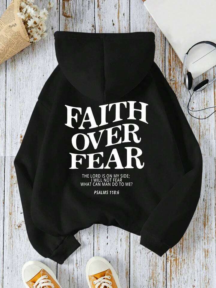 Casual Women's Hoodies Faith Over Fear Letter Printing Sweatshirts Fleece Warm Comfortable Pocket Pullovers Autumn Streetwear Z260314