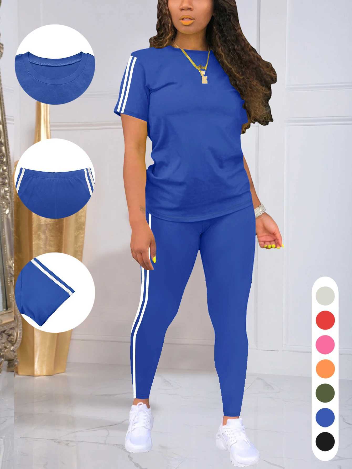 Womens Side-Striped Summer Sportswear Set Short Sleeve Long Pants Breathable Base Layer Clothing Colorful Casual Outfit M260313