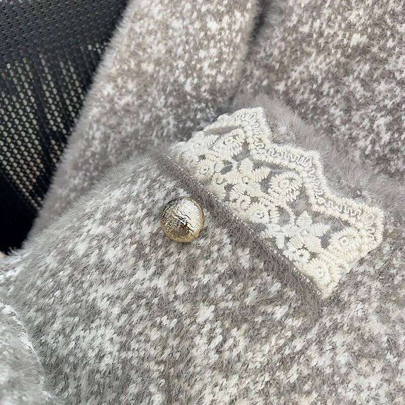 Fashion Elegant Knit Cardigan Women Small Fragrance Lace Patchwork Korean Sweater Vintage Button Imitation Mink Velvet Outwear Z260313