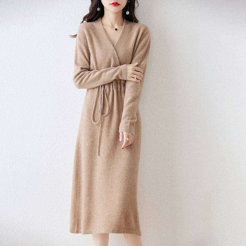 New Women's 100% Merino Wool Autumn Winter Cross V-neck Knit Pullover Long Sweater Cashmere Waist Drawstring Dress Z260313