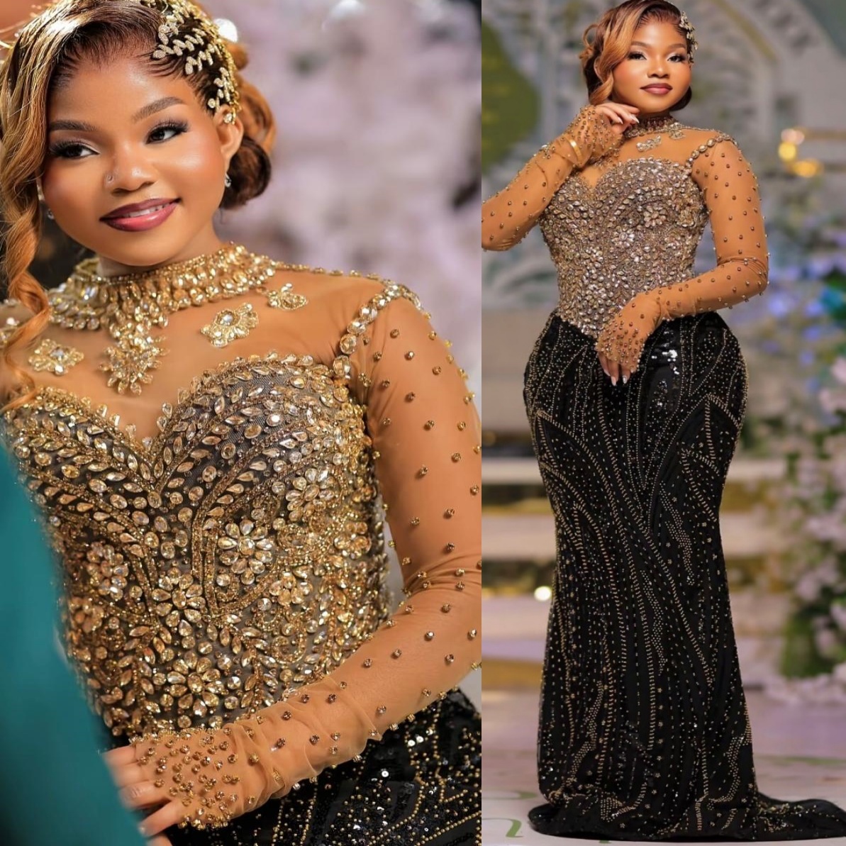 2K26 Gold Prom Dress 2026 Mermaid Prom Dress Sheer Neck Crystals Beaded Full Sleeves Evening Dresses Birthday Party Formal Receiption Gowns Dresses ZJ