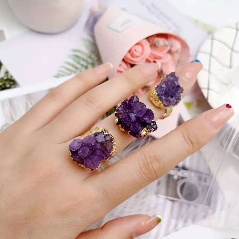 Natural Crystal Reiki Rings Raw Irregular Amethyst Cluster Geode Druzy Adjustable Finger Ring Resizable H260312