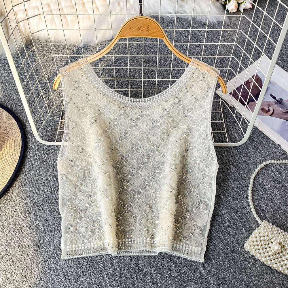 Designer European style high-end sequin bead round neck sleeveless women's vest with mesh and slim fit for spring and summer
