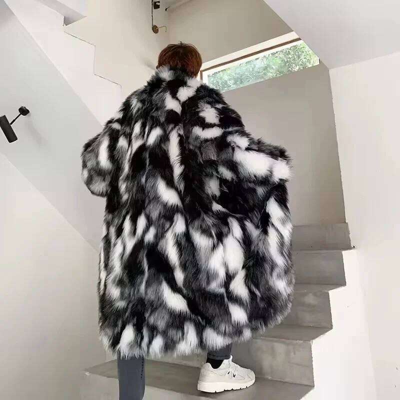 Winter Hip Hop Long Faux Fur Coat Stand-up Collar Plush Jacket Men Korean Fashion Warm Thicken Casual Overcoat Street Z260313