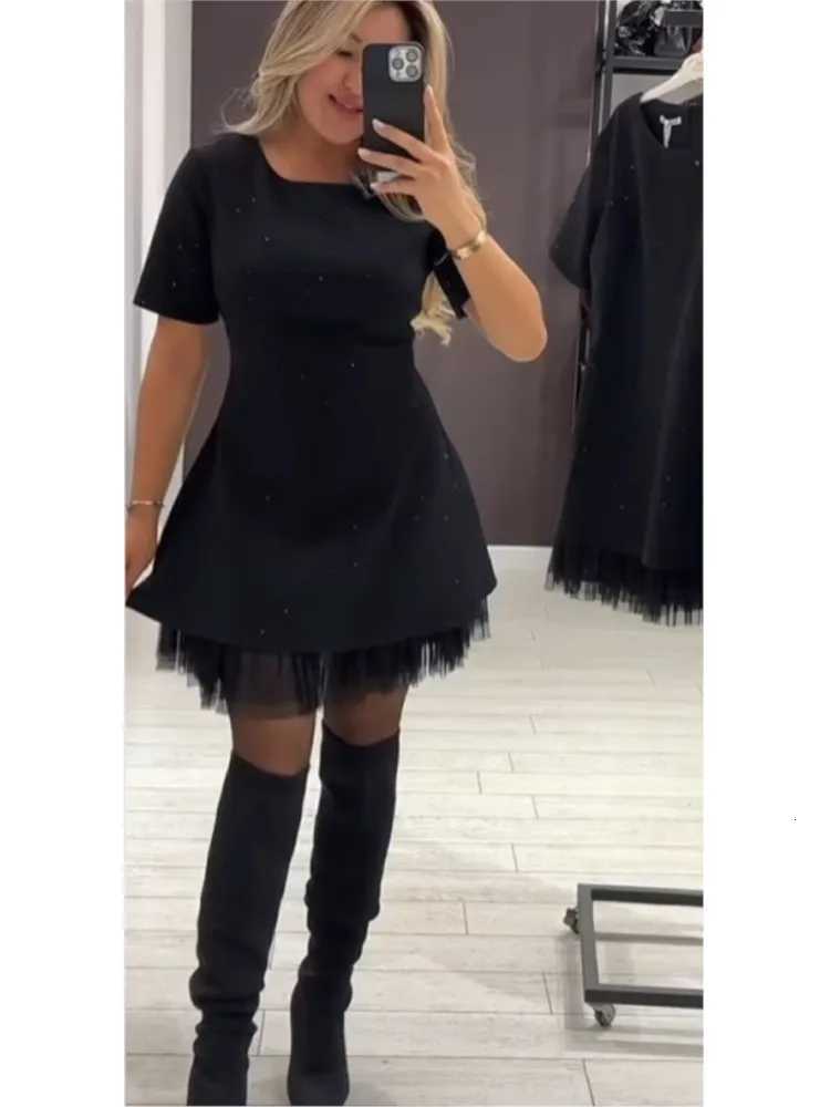 Elegant Casual Dress Spring Summer New Style Hot Rhinestone Hem Mesh Solid Fashion Dress For Women Short Sleeve Holiday DressT260314