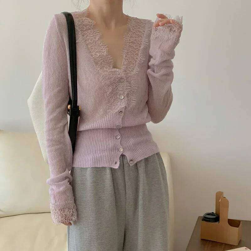 Seoulish Vintage Lace Knitted Cardigans for Women 2024 New Autumn Winter Solid Casual Slim Korean Style Ladies Tops Female Z260313