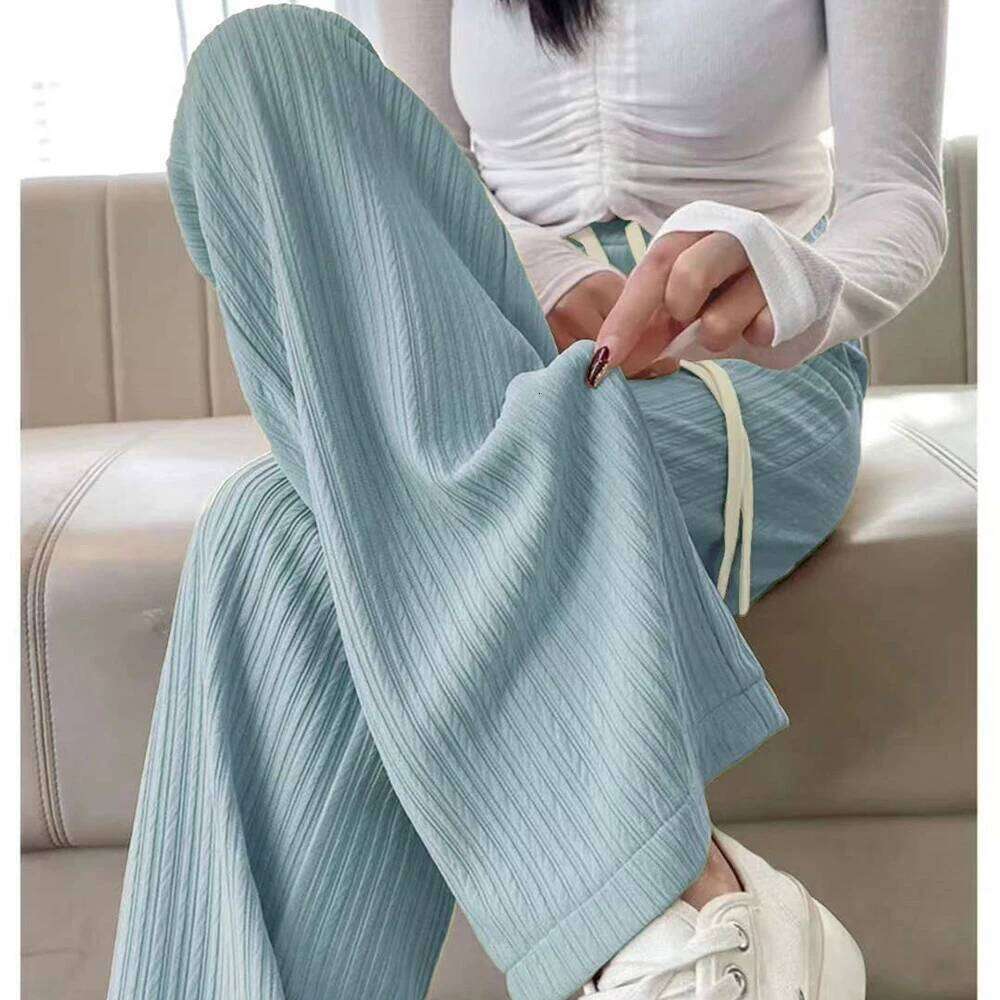 Summer Cool Ice Silk Straight Women Fashion High Waist Wide Leg Trousers Female Solid Sagging Feeling Baggy Casual Pants
