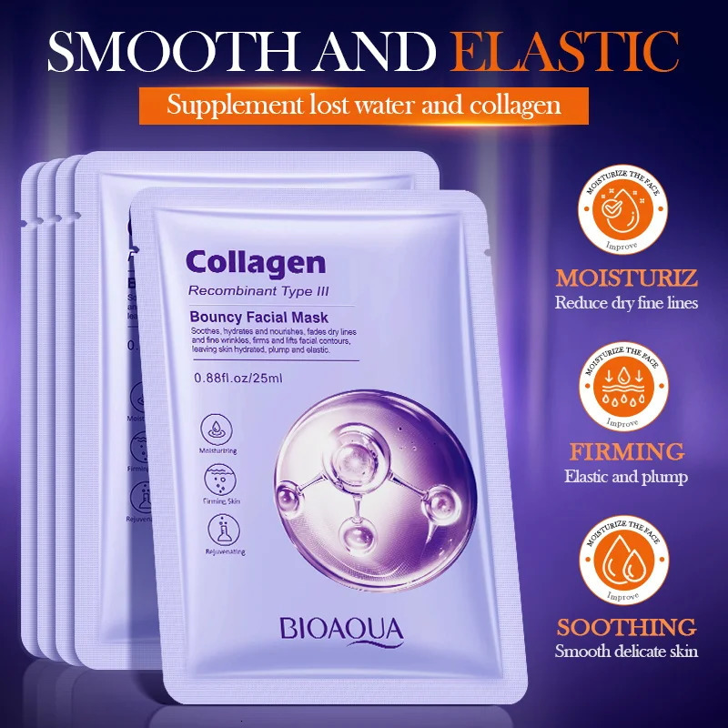 10pcs BIOAQUA Collagen Facial Masks Anti Wrinkles Anit-Aging Moisturizing Whitening Face Mask Facial Skin Care Products 260304