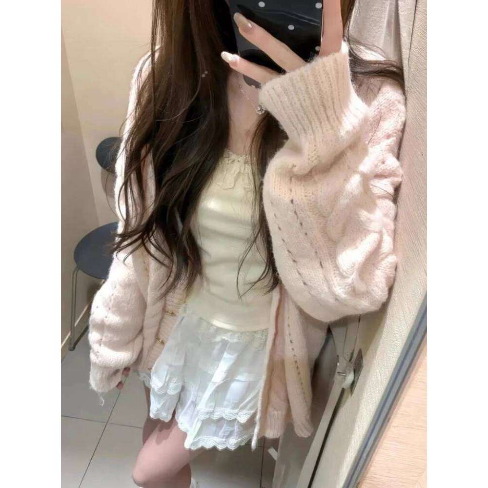 Women Sweet Kawaii Pink V-Neck Sweater Coat Autumn Winter Casual Loose Fashion Knit Cardigan Ladies Y2k Elegant Chic Top New Z260313