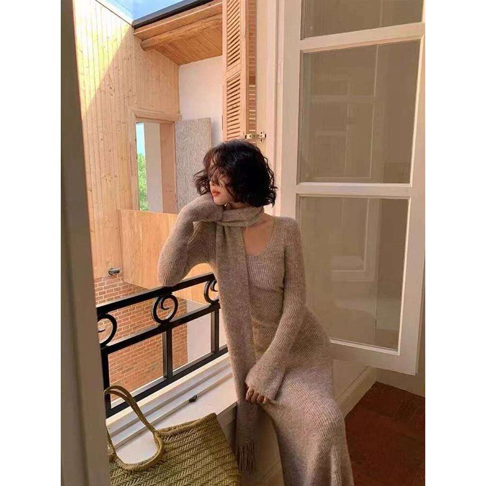 Vintage Knitted Midi Y2K Autumn Slim with Scarf Long Sleeve Dress Korean Streetwear Chic All Match Female Vestidos Z260313