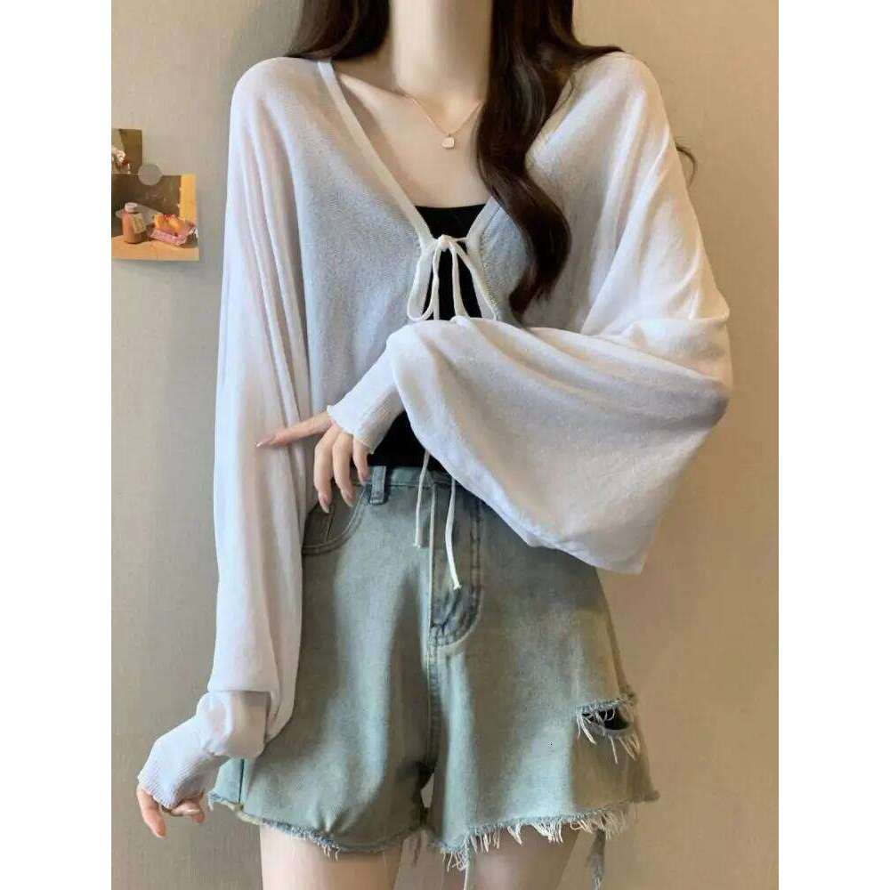 Thin Black Ice Silk Sun Protection Cardigan for Women Knitwear Summer Cover Up Large Size Lazy Sleeve Shawl Strap Outerwear Top Z260314