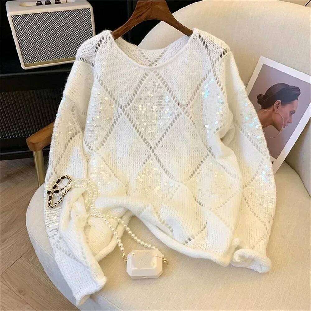 Sequined Hollow Out Pullover Female Casual Knitted All Match Thin Sweater Oversized Pullovers Tops Women Clothing Z260313