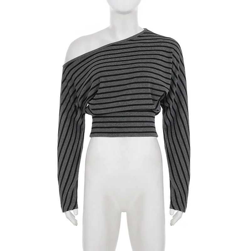 Women Summer 2 Piece Outfits Fall Stylish Long Sleeve Off Shoulder Striped Crop Tops and Elastic Waist Shorts Set Y2k Clothes M260313
