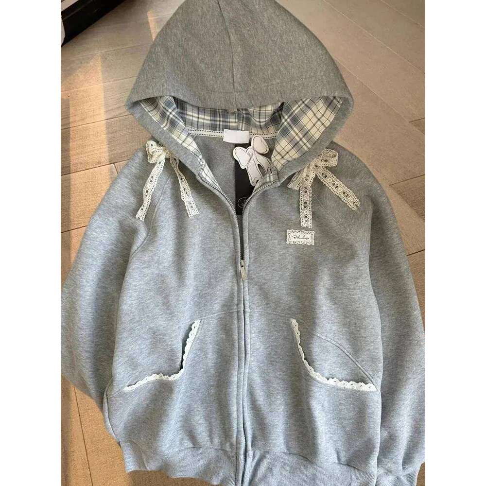 Zoki Lace Patchwork Hoodies Women Cute Bow Sweatshirt Japan Preppy Style Sweet Loose Long Sleeve Female Gray Outwear Z260314
