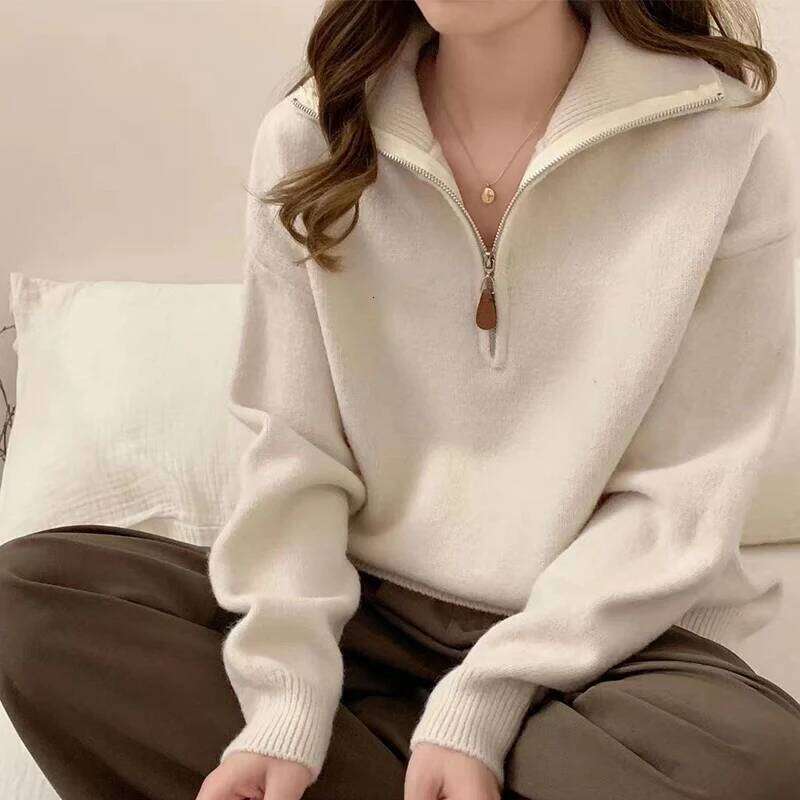 Korean Half Zip-Up Sweater Women Retro Loose Sporty Knitted Pullover ladies Autumn Winter thicken warm Long Sleeve knit Jumpers Z260313