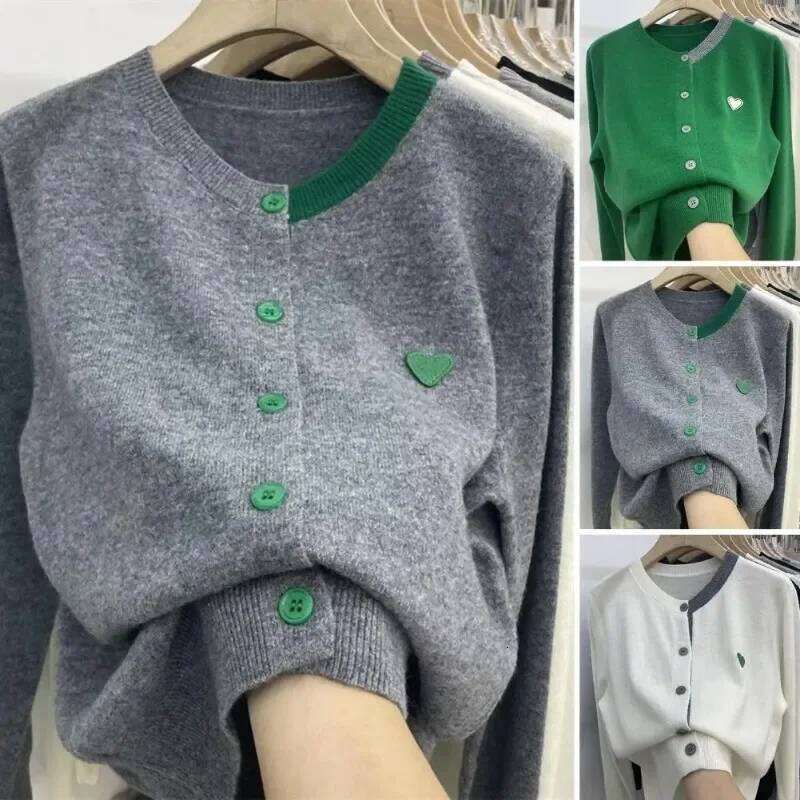 Women Fall Winter Knit Cardigan Single-breasted Round Neck Color Matching Elastic Warm Anti-pilling Lady Sweater Coat Z260313