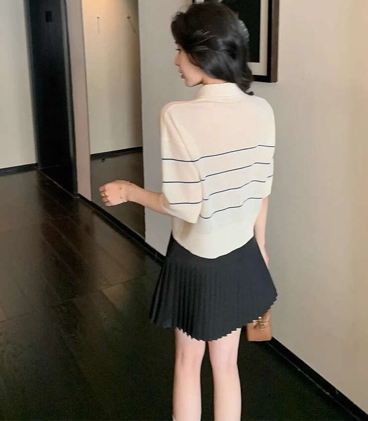 2026 High quality Women's Clothing Spring and Summer New Lightweight Two tone Striped Short sleeved Knitted Shirt
