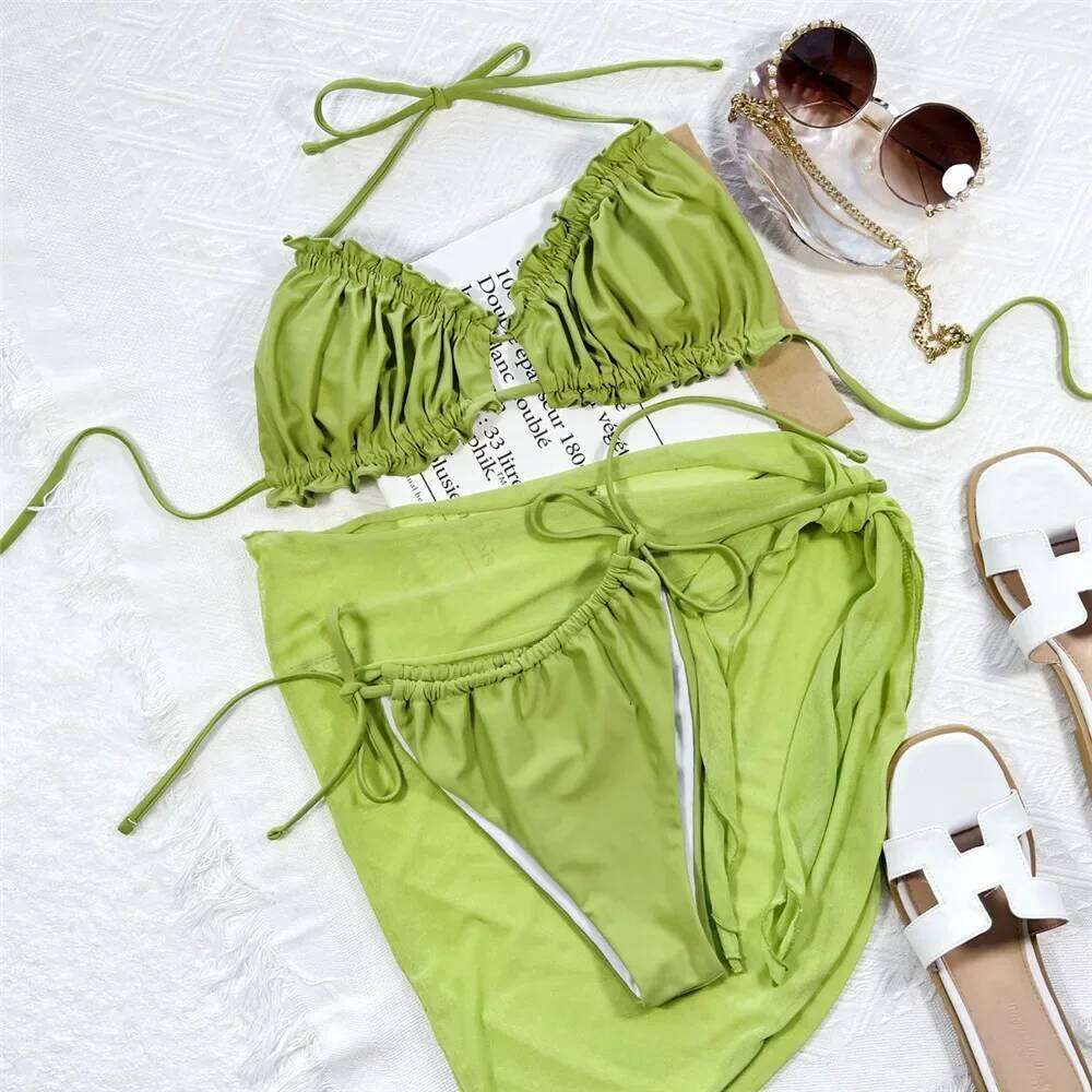 Green Swimwear Mesh Cover Up Sexy String Thong Micro Bikini 2025 Ruffled Swimsuit Women Halter Bather Beachwear Bikinis Sets Y260303