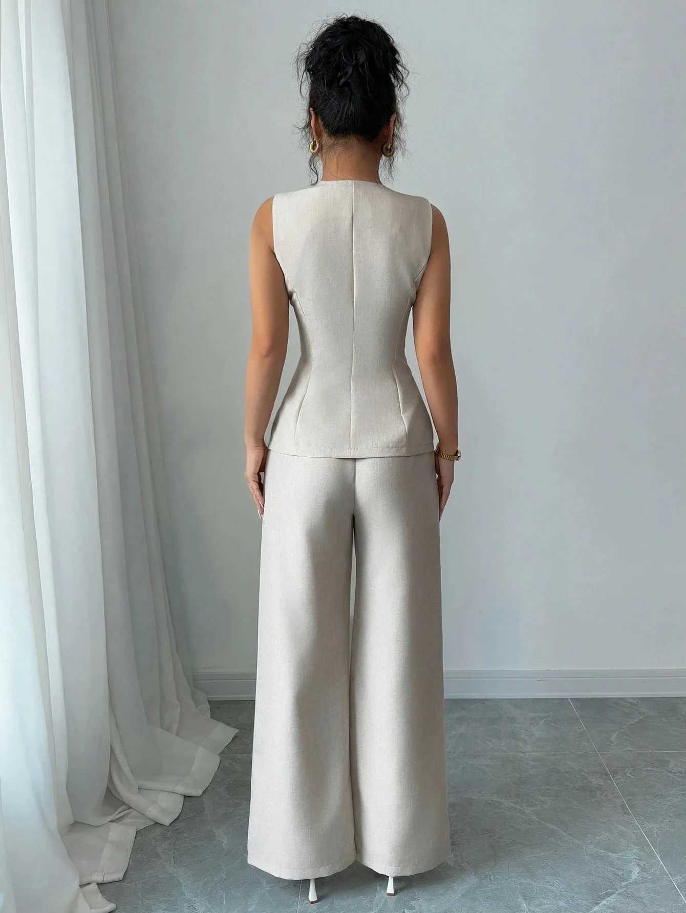 New Fashionable Commuter Womens Suit Casual Solid Color Round Neck Cardigan Vest Paired With Loose Wide-leg Pants Two-piece Set s54 M260313