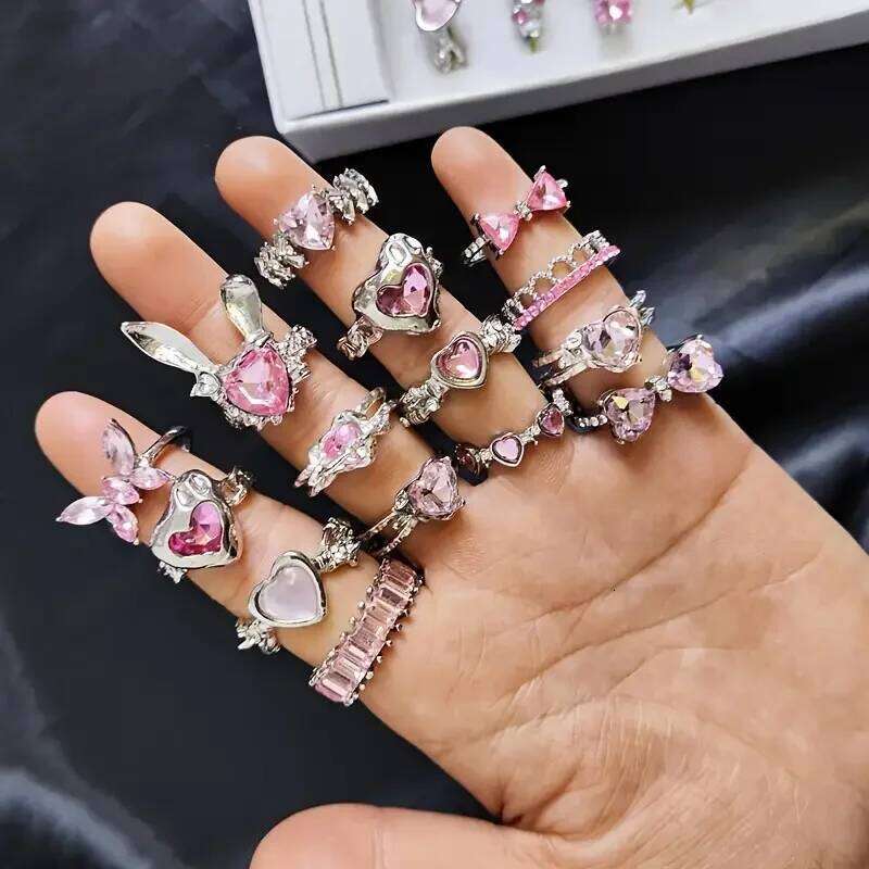 10Pieces Exquisite Pink Synthetic Zircon Heart Butterfly Rings Set For Women Mix Style Open Adjustion Jewelry Party Gifts H260312