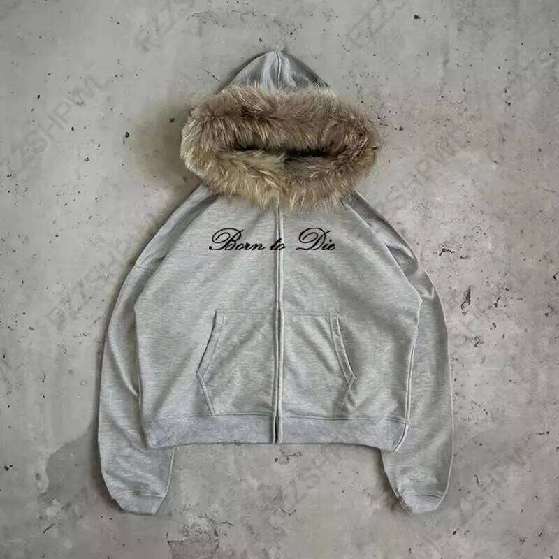 American Retro Y2k Harajuku Millennium Grey Design Sense Printed Hooded Hip-hop High Street Punk Style Sweatshirt Top Z260314