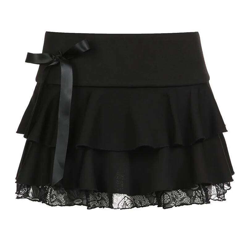 Dark pure desire spice girl style lace stitching bow sexy low waist ballet A word cake mini skirt Z260314