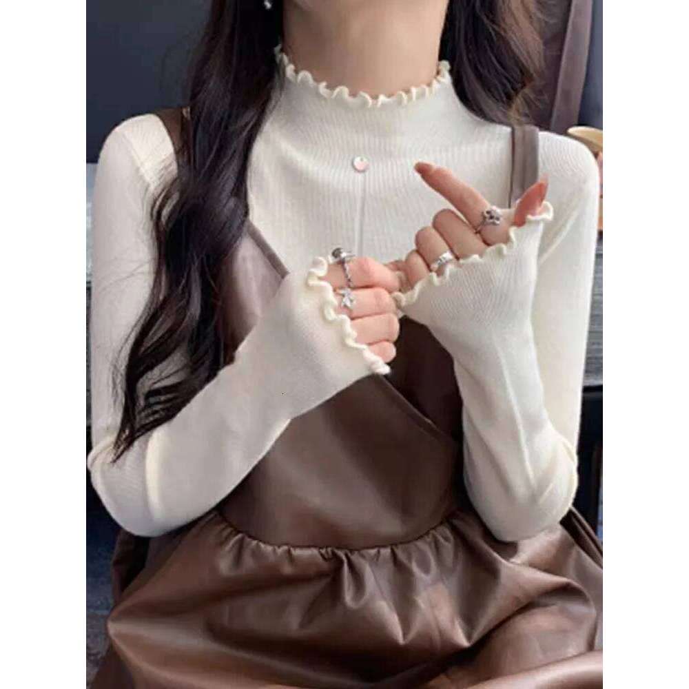 Women Soft Warm Pullover 2026 Spring Autumn Ruched Turtleneck Sweaters Slim Versatile Tops Knitted Sweater Solid Base Layer Top Z260313