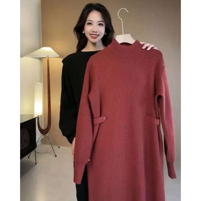 High-end Button Waist Design Thickened Sweater Women's Knee-length Mid-length Bottoming Knitted Dress Autumn and Winter Z260313