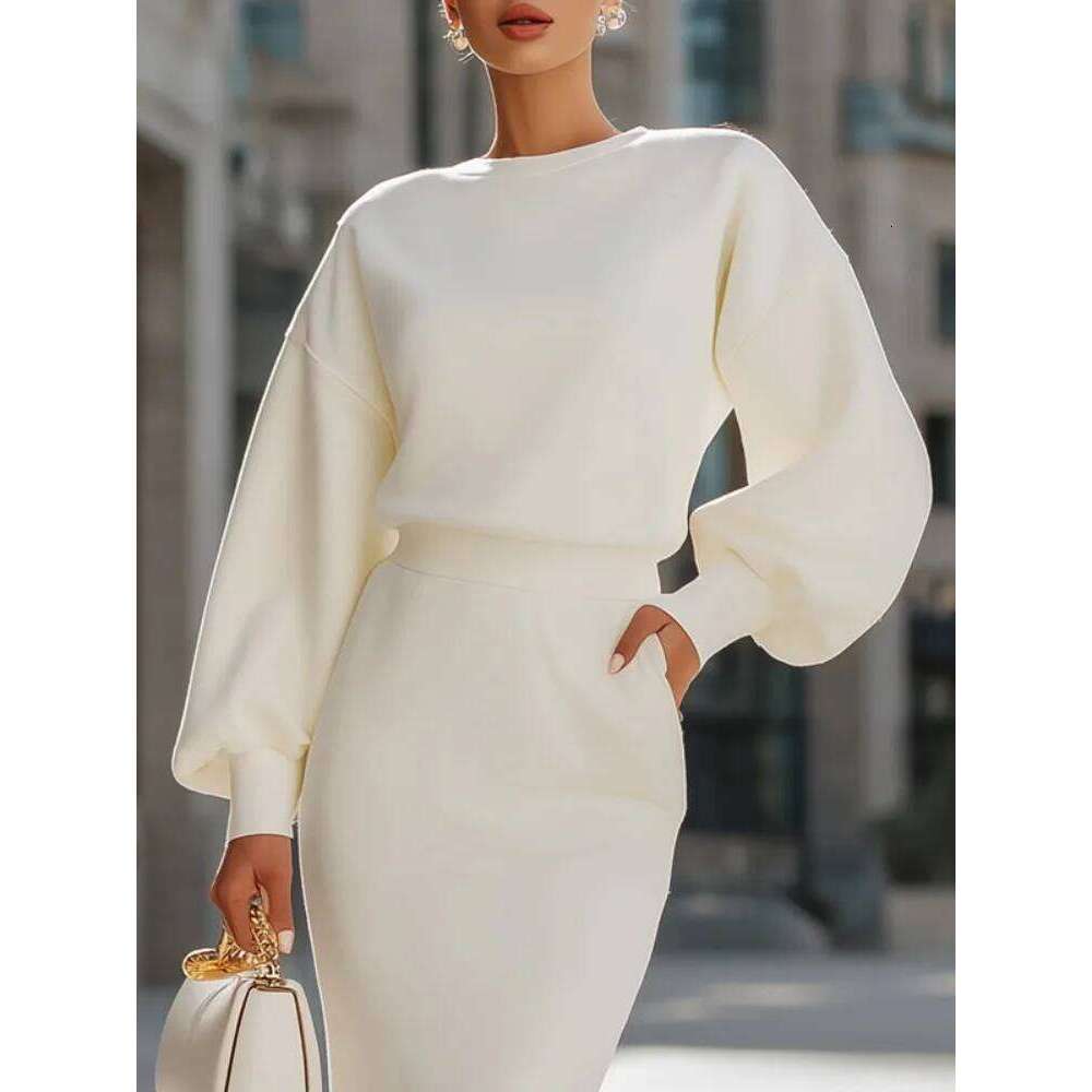 Freeacy 2025 Autumn Stylish Women's White Relaxed Fit Midi Dress Round Neck Lantern Sleeves High Waist Party Dresses Z260314