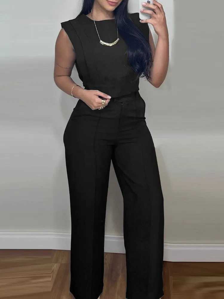 Spring Summer Womans Solid Office Suit Fashion O-neck Sleeveless TopWide-leg Pants Two-piece Set Ladies Temperament Outfit M260313